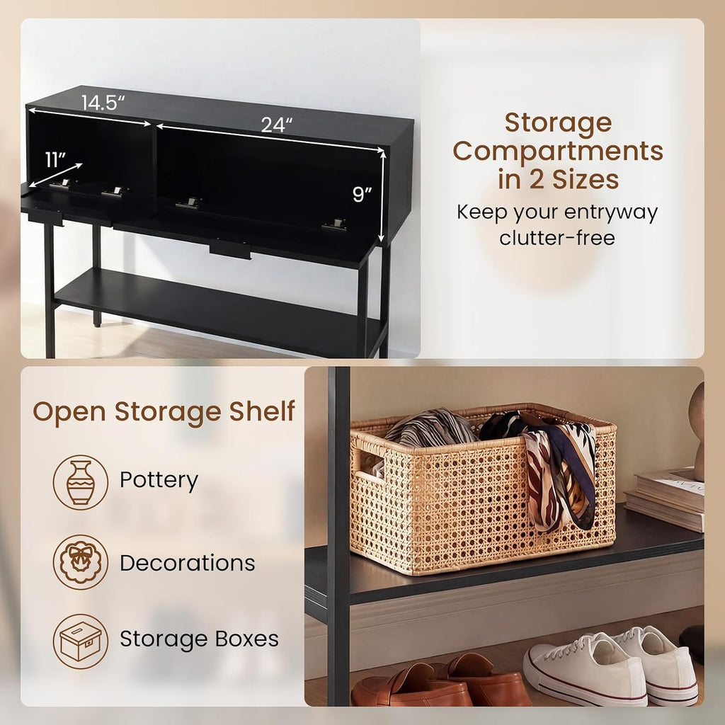 GOFLAME 40” Rattan Console Table, Narrow Long Entryway Table with Storage Shelf, 2 Flip Door Cabinets, Metal Frame, Boho, Farmhouse Behind Couch Sofa Tables for Living Room, Hallway (Black)