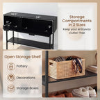 GOFLAME 40” Rattan Console Table, Narrow Long Entryway Table with Storage Shelf, 2 Flip Door Cabinets, Metal Frame, Boho, Farmhouse Behind Couch Sofa Tables for Living Room, Hallway (Black)