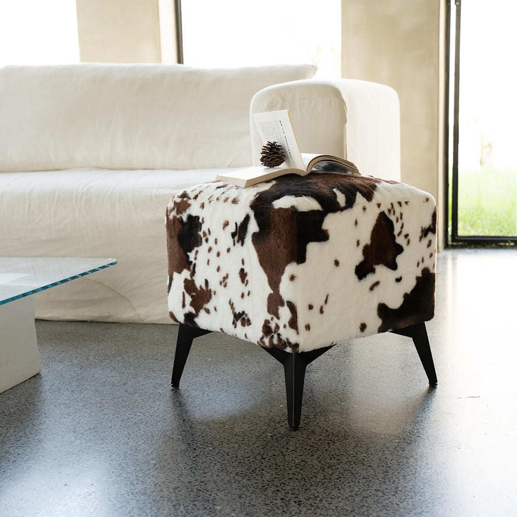 Faux Cowhide Ottoman, Upholstered Foot Stool,Animal Print Ottoman - 16 x 16 x 17 Inches, Cube Footrest with Solid Metal Legs for Living Room,Bedroom & Entryway (Coffee)