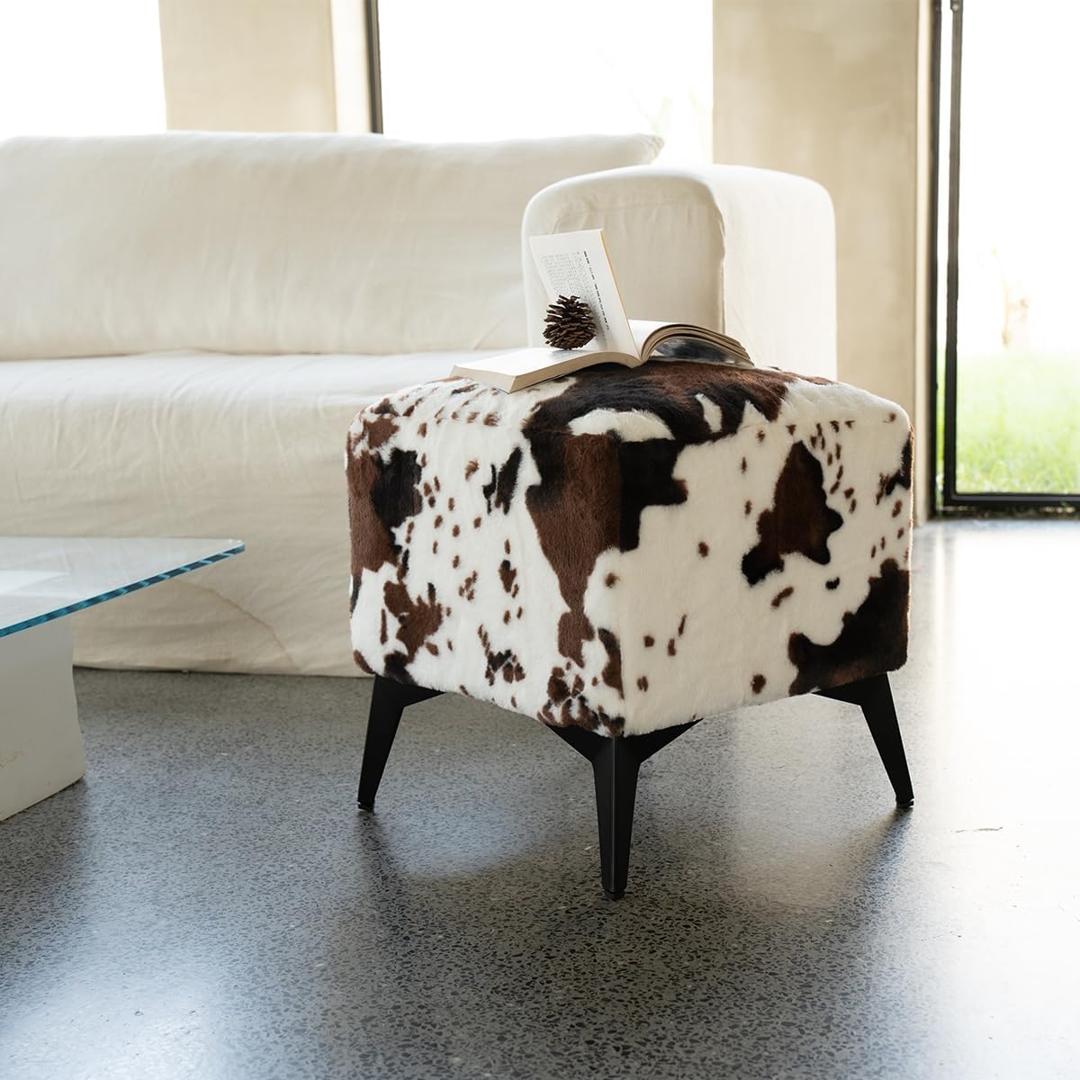 Faux Cowhide Ottoman, Upholstered Foot Stool,Animal Print Ottoman - 16 x 16 x 17 Inches, Cube Footrest with Solid Metal Legs for Living Room,Bedroom & Entryway (Coffee)