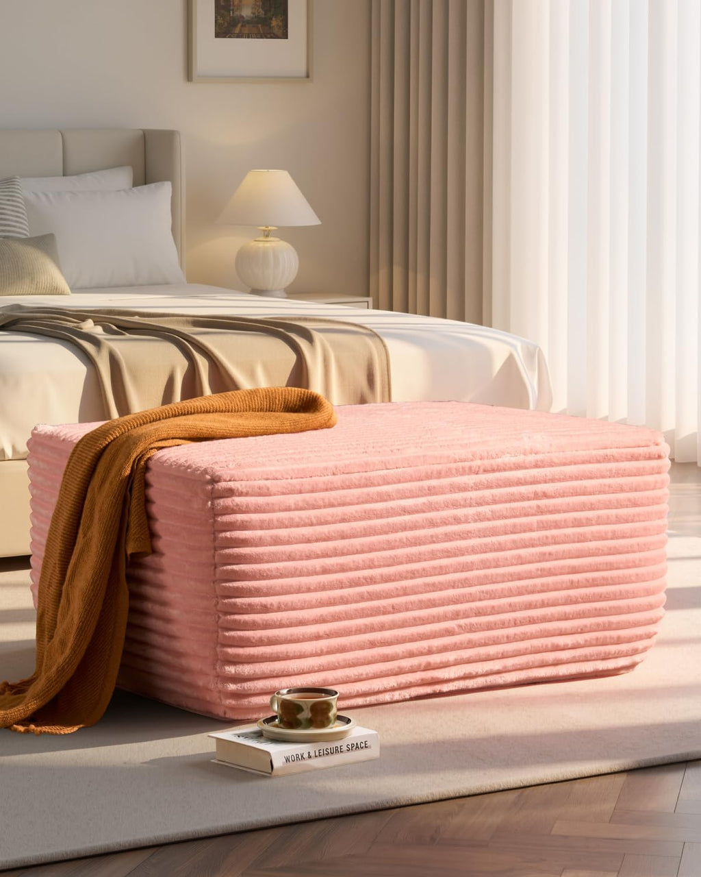 37" Plush Ottoman, Upholstered Cloud Footrest for Couch in a Box,Oversize Poufs for Living Room & Bedroom Sofa Ottoman,Comfy Seating with Dense Foam, Pink (Plush Corduroy Fabric)