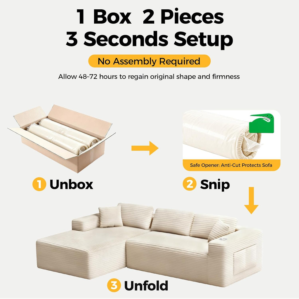 CAMMOO 108" L-Shaped Sectional Sofa, Cloud Couch in One Box | No Assembly Deep Seat, 4-Seater Sofa for Living Room, Storage Pockets, Plush Corduroy, Left-Facing Chaise, Beige