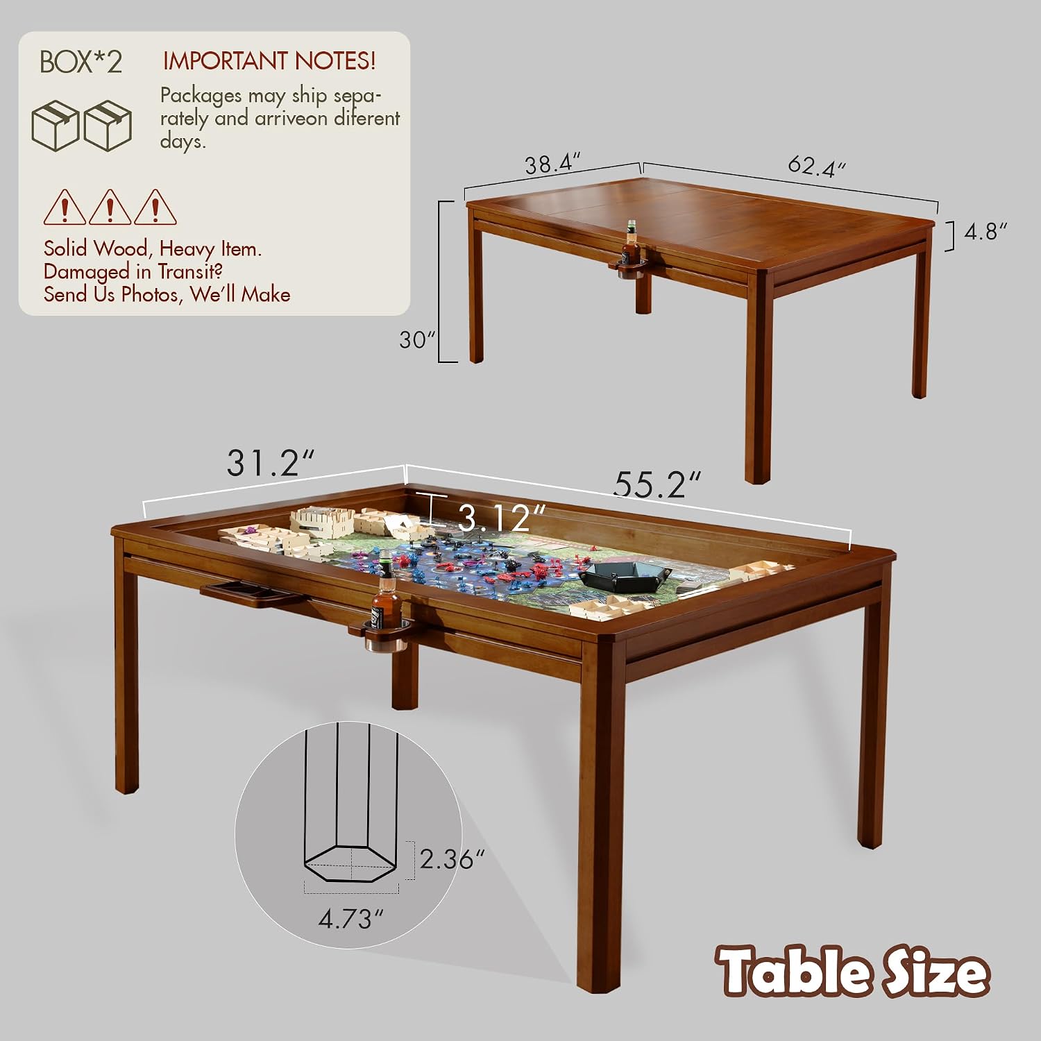 Solid Wood Board Game Table with Removable Table Top for 4–6 Players,Gaming Table and Dining Includes Play Mat and Detachable Cup Holders with 55" x 31" Play Area (Cherry)