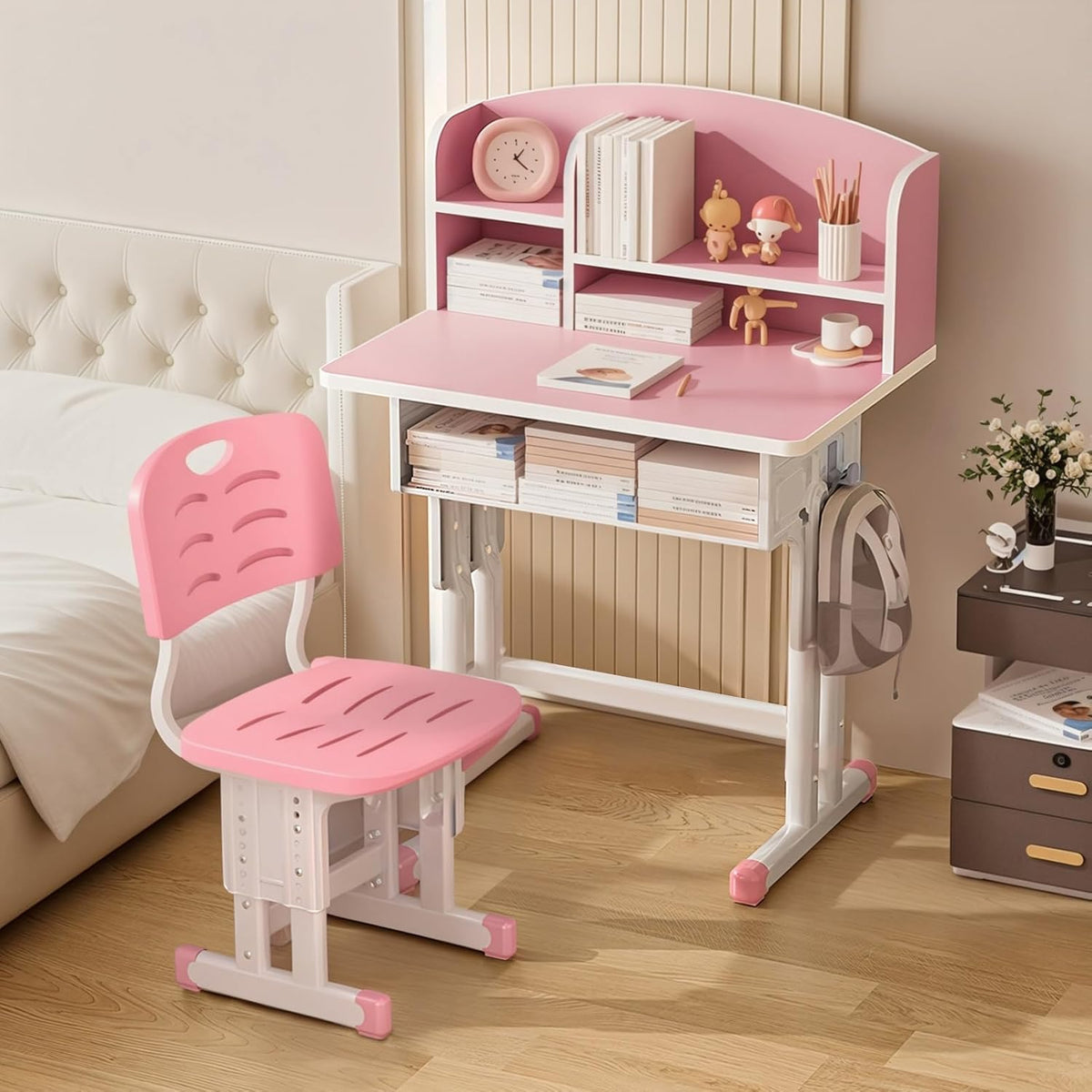 1 Set Kids Desk Chair Set, Height Adjustable Children School Study Table Chair Sets with Storage Drawer, Ergonomic Desk Chairs with Book Stand, Partition Design Pink 70 cm