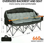 3 Person Camping Chair for Adults Folding Double Camping Chair Oversized Heavy Duty Camping Loveseat with Cup Holders & Carry Bag, Portable Outdoor Lawn Chair for Camping, Beach, Backyard Black & Grey