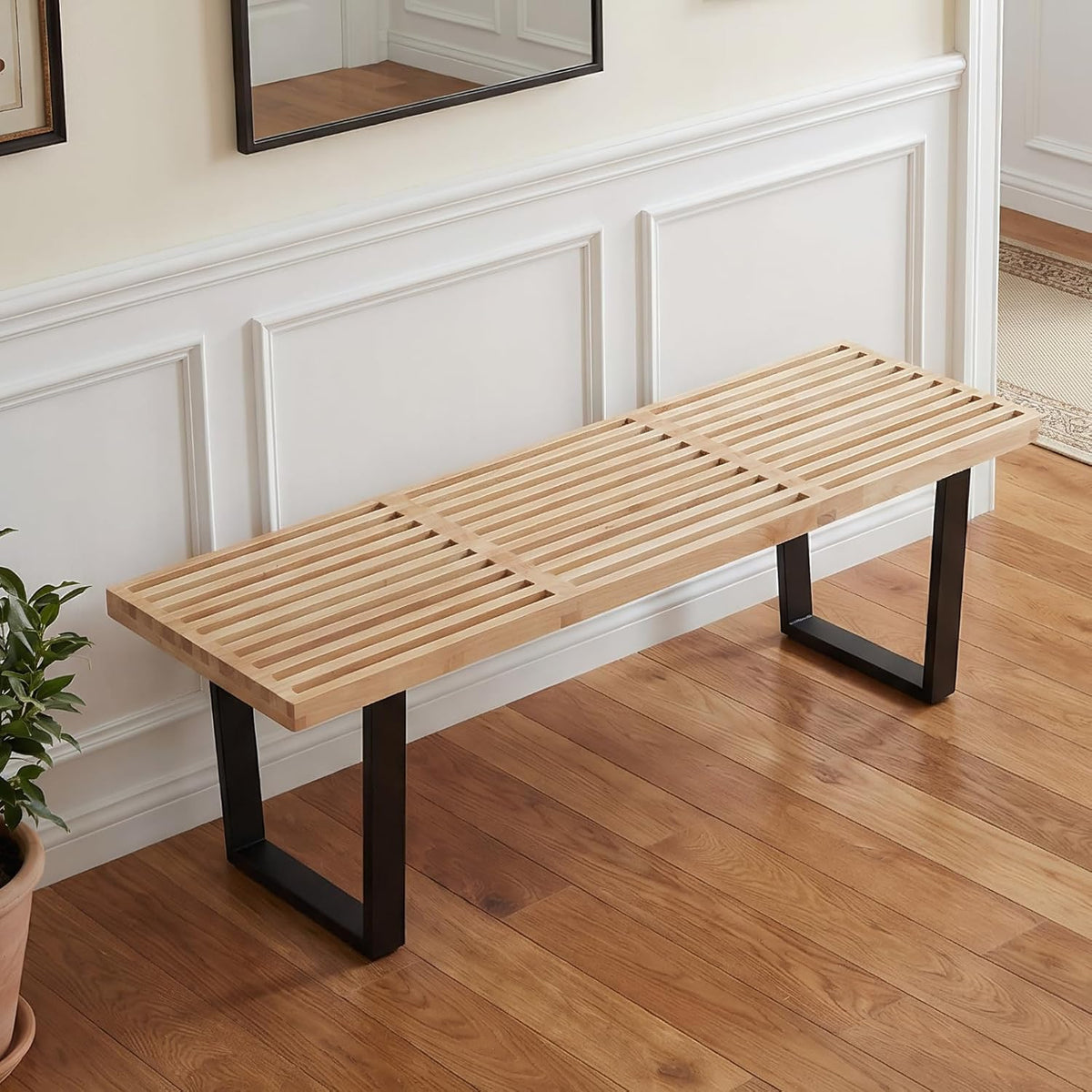 55" Natural Wood Entryway Bench, Industrial End of Bed Bench for Bedroom, Nelson Wooden Dining Bench with Black Metal Frame, Long Bench Ottoman Bench for Living Room Foyer Indoor Hallway