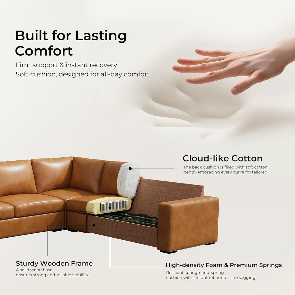 ELUCHANG 113" V-Shaped Modular Sectional Sofa Couch, Modern 4-Seat Premium Faux Leather Deep Seat Sofa with Corner, Removable Cover, Easy Assembly, Large Sofas & Couches for Living Room, Office, Brown