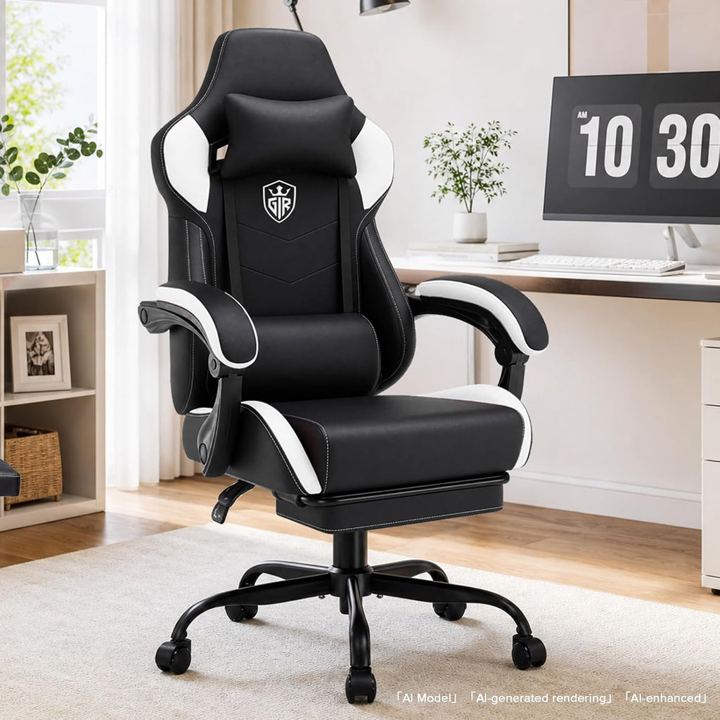 GTPLAYER Gaming Chair with Footrest, High Back Computer Chairs for Adults with Linkage Armrest Lumbar Support Heavy Duty 350lbs Ergonomic Swivel PC Game Chair for Office, White