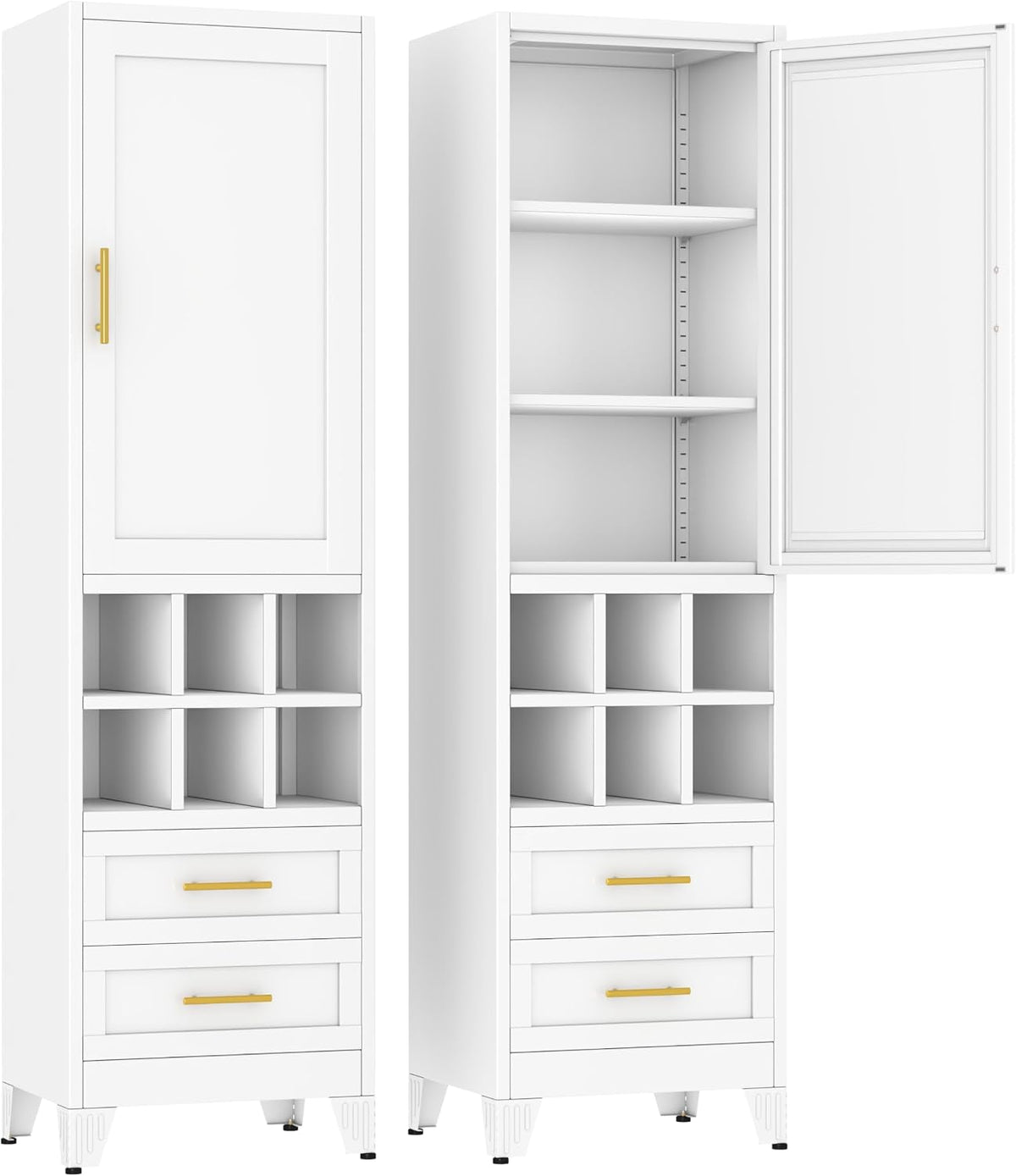 Ckzbx Tall Narrow Storage Cabinet, 66.93" H Tall Bathroom Cabinet Metal Pantry Cabinets with Hollowed-Out, 3 Adjustable Shelves, for Kitchen, Bathroom, Home Office, Living Room (White)