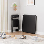 3-Piece Folding Card Table and Chairs Set for Kids, 24 Inch Square Foldable Table with 2 PU Cushion Padded Chairs, Steel Frame Space Saving Set for Game Room, Multipurpose Room, Indoor Use, Black
