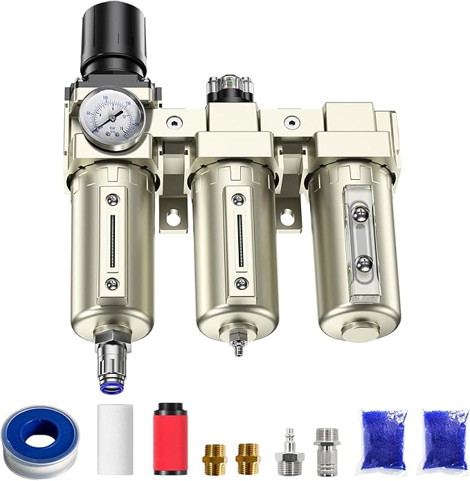 3/4" NPT 3 Stage Air Drying System,Heavy Duty Industrial Grade Air Compressor Water Separator System,Filter Oil Water Separator Dryer for Plasma Cutter and Paint Spray,0-240 PSI,Auto Drain