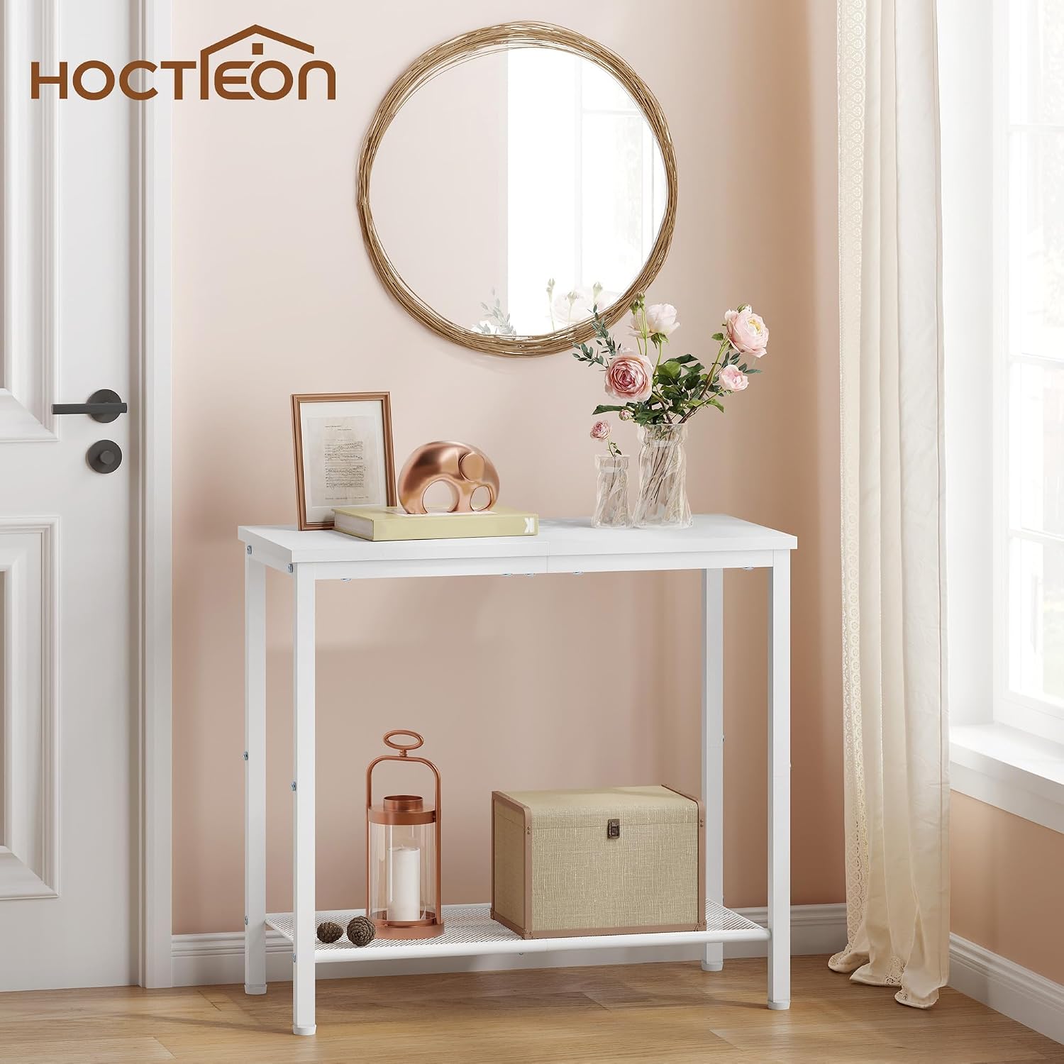 Hoctieon 2 Tier End Table, Sofa Side Table, Narrow Side Table with Storage, Slim Nightstand for Small Spaces, Metal Frame, for Living Room, Bedroom, Sofa Couch, Hall, White