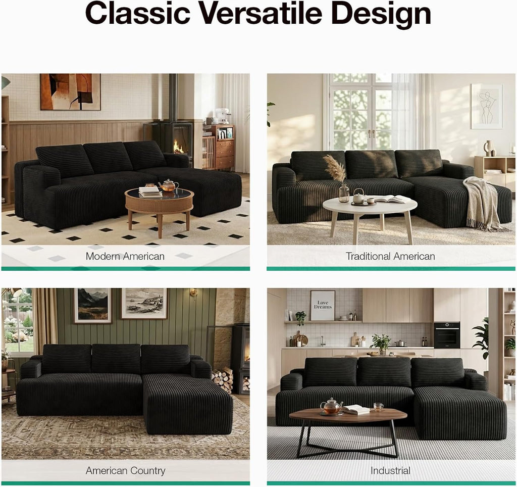 Novilla L-Shape Sectional Couches for Living Room with Smarts Coil® Support, 3 Seater Sectional Sofas for Living Room Bedroom, Corduroy Cloud Couch Sectional, No Assembly(Black, Right Hand Facing)