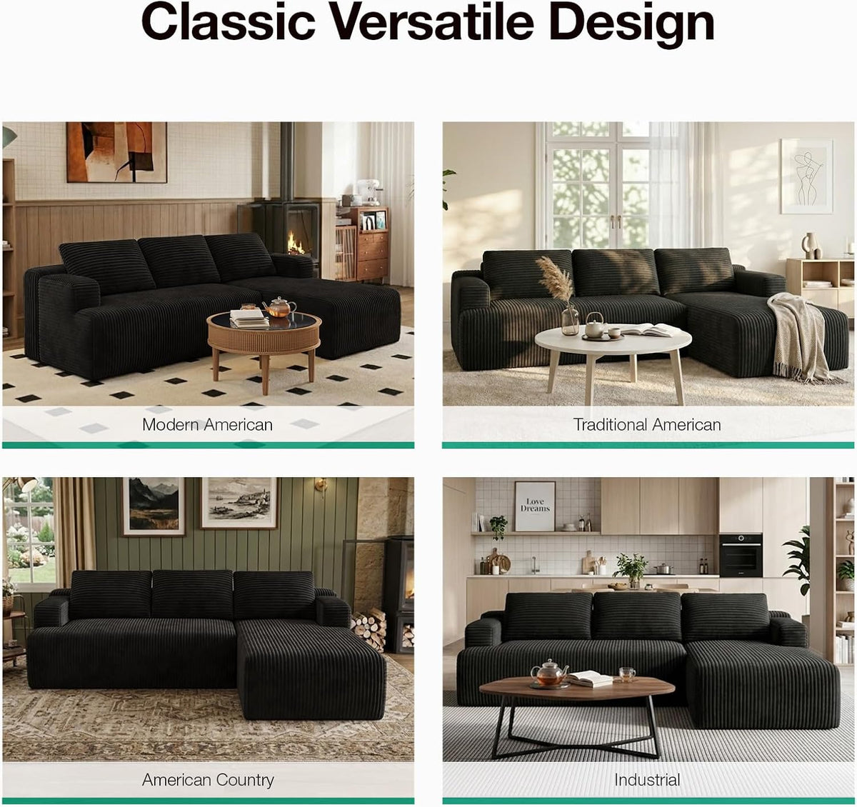 Novilla L-Shape Sectional Couches for Living Room with Smarts Coil® Support, 3 Seater Sectional Sofas for Living Room Bedroom, Corduroy Cloud Couch Sectional, No Assembly(Black, Right Hand Facing)