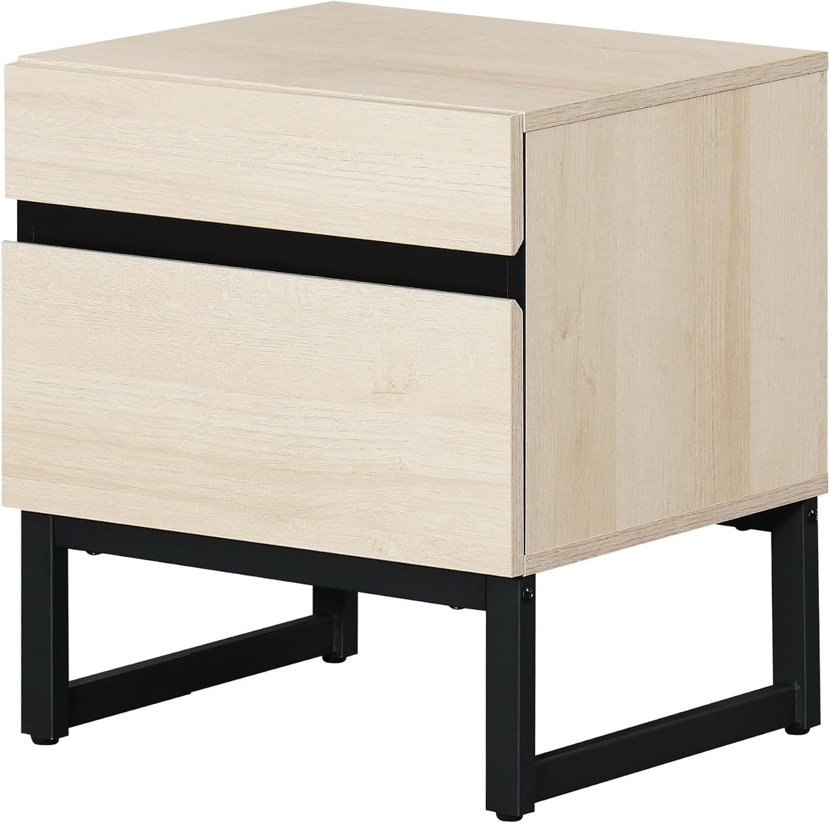 WAMPAT Nightstand with 2 Drawers for Bedroom, Modern Bedside Table with Black Square Iron Leg, Wood Rustic Side End Table for Living Room, Light Oak