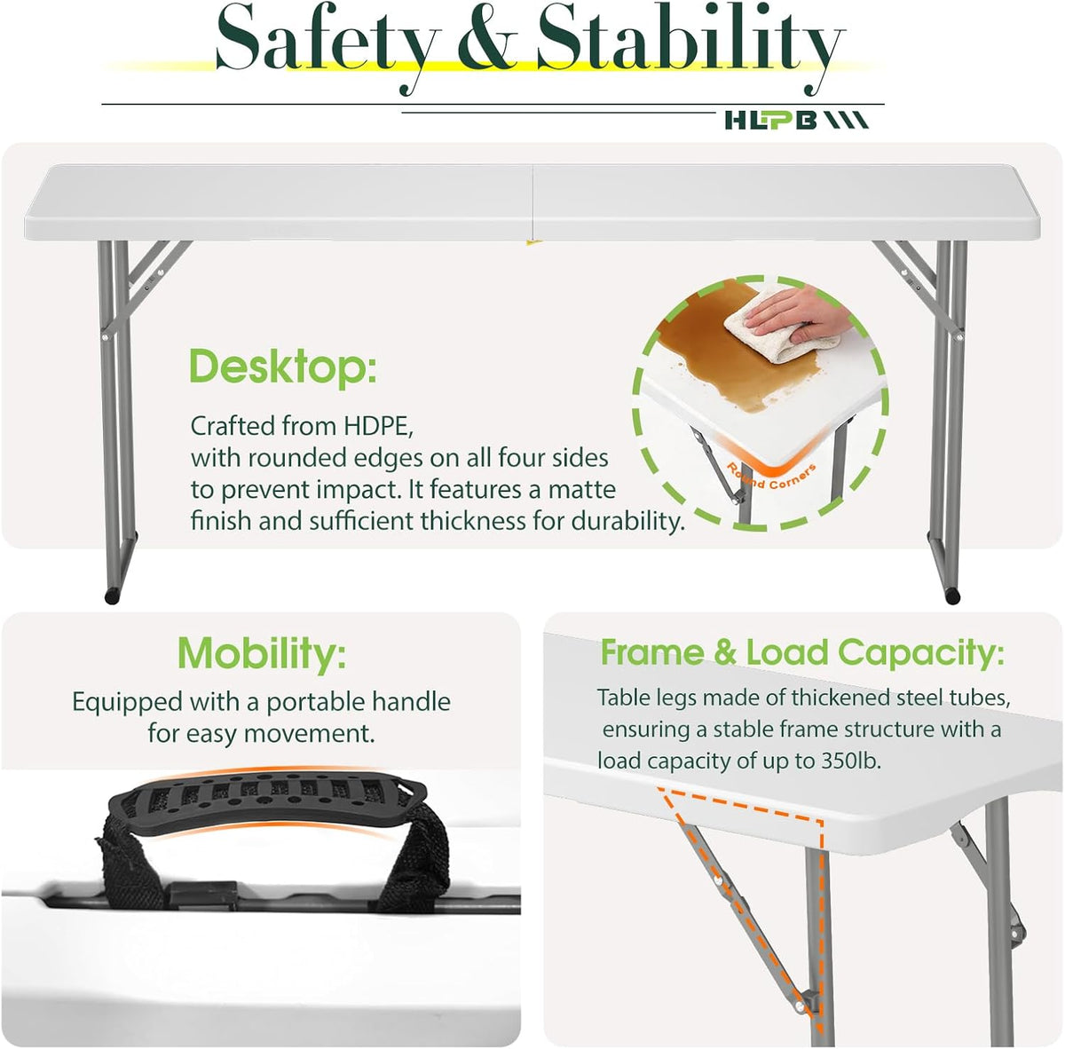HLPB 6 FT Narrow Folding Table, Tabletop Fold-in-Half, Thickened HDPE Material and Thicker Metal Frame, Foldable with Handle & Safety Locks, Perfect for Meeting, Party, White