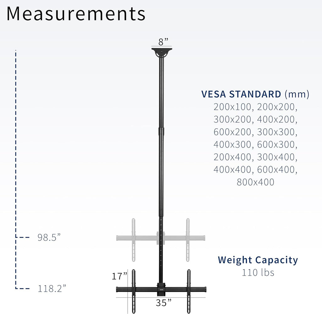 VIVO Black TV Ceiling Mount for 37 to 90 inch Screens, MOUNT-VC90-10 | Full Swivel, Telescoping Height Adjustment, 10ft Extension Pole, Fits Pitched/Vaulted Roof, Max VESA 800x400mm, Holds 110 lbs