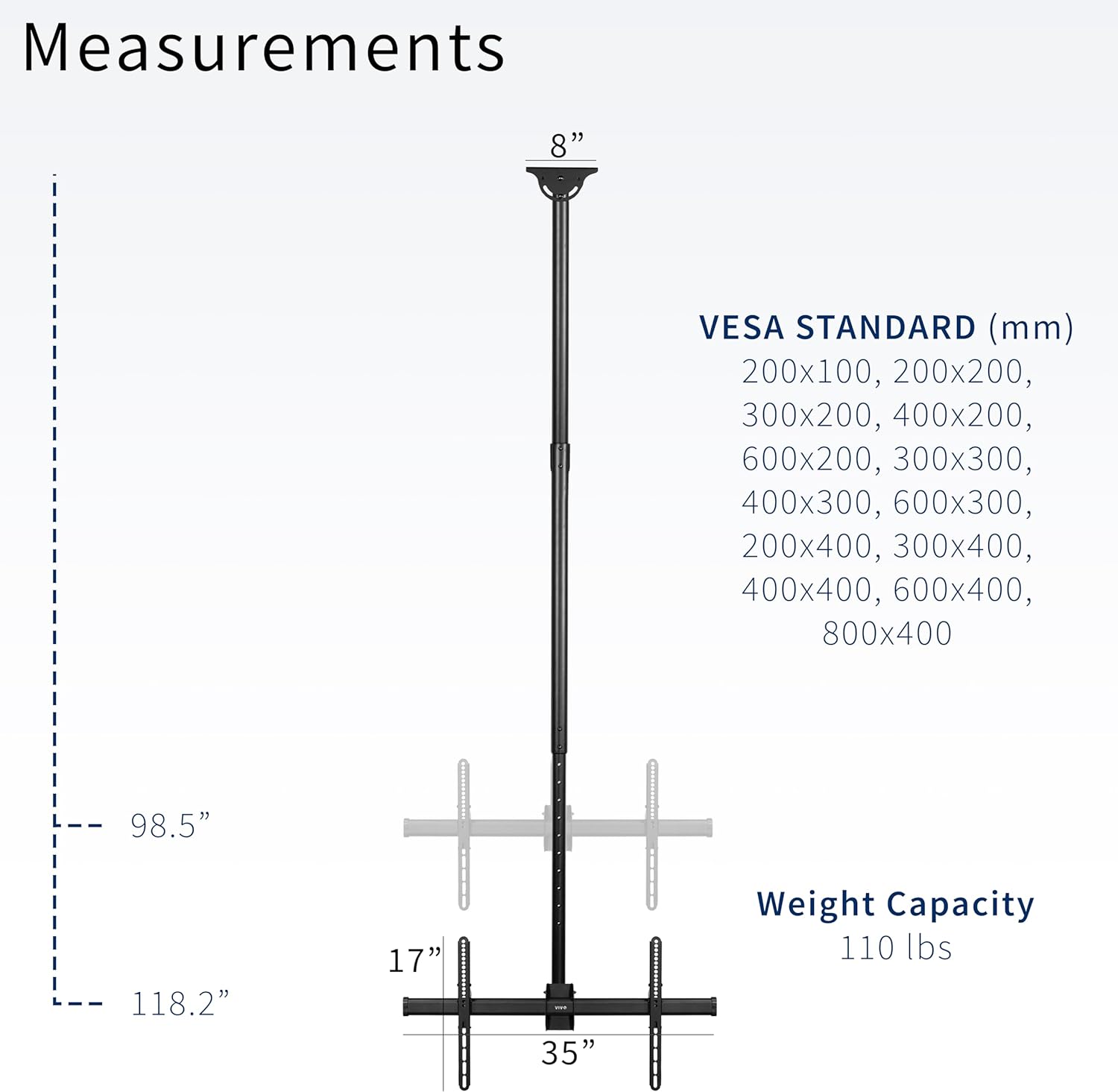 VIVO Black TV Ceiling Mount for 37 to 90 inch Screens, MOUNT-VC90-10 | Full Swivel, Telescoping Height Adjustment, 10ft Extension Pole, Fits Pitched/Vaulted Roof, Max VESA 800x400mm, Holds 110 lbs