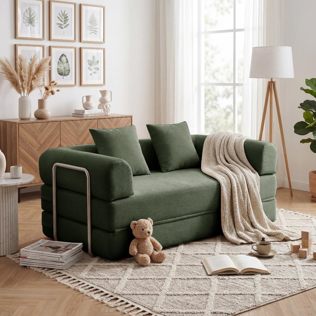 53.15'' Convertible Compressed Corduroy Folding Cloud Sofa Bed, Modern Pull Out Loveseat Sleeper in a Box, 4 in 1 Floor Mattress Futon Cloud Couch, No Assembly Needed, Green, 2 Pillows, Full