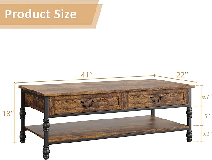 41" Rustic Coffee Table with 2 Storage Drawers, Rectangular Coffee Tables w/Storage Shelf and Metal Legs, Industrial Large Coffee Table for Living Room Office Apartment