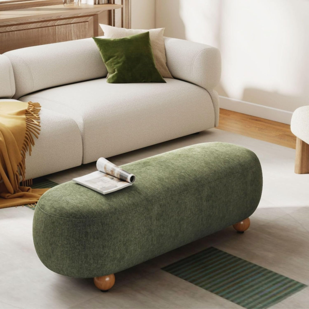 Hyfirm 54" Green Chenille Upholstered Bench – End of Bed Ottoman with Round Solid Wood Legs, Long Oval Footstool for Entryway & Hallway, Padded Seat (No Back)