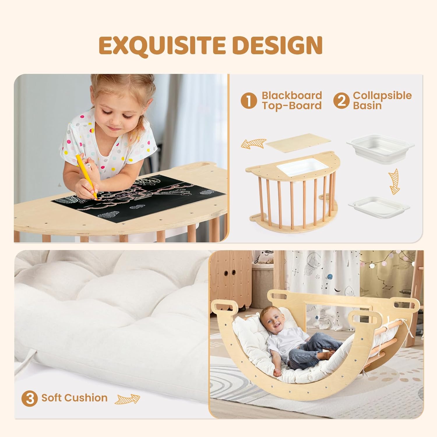 JOYMOR 5-in-1 Montessori Wooden Sensory Table with Collapsible Storage Basin & Blackboard, Multi-use Montessori Sensory Table Set for Kids and Toddlers with Arch Climber Rocker and Cushion