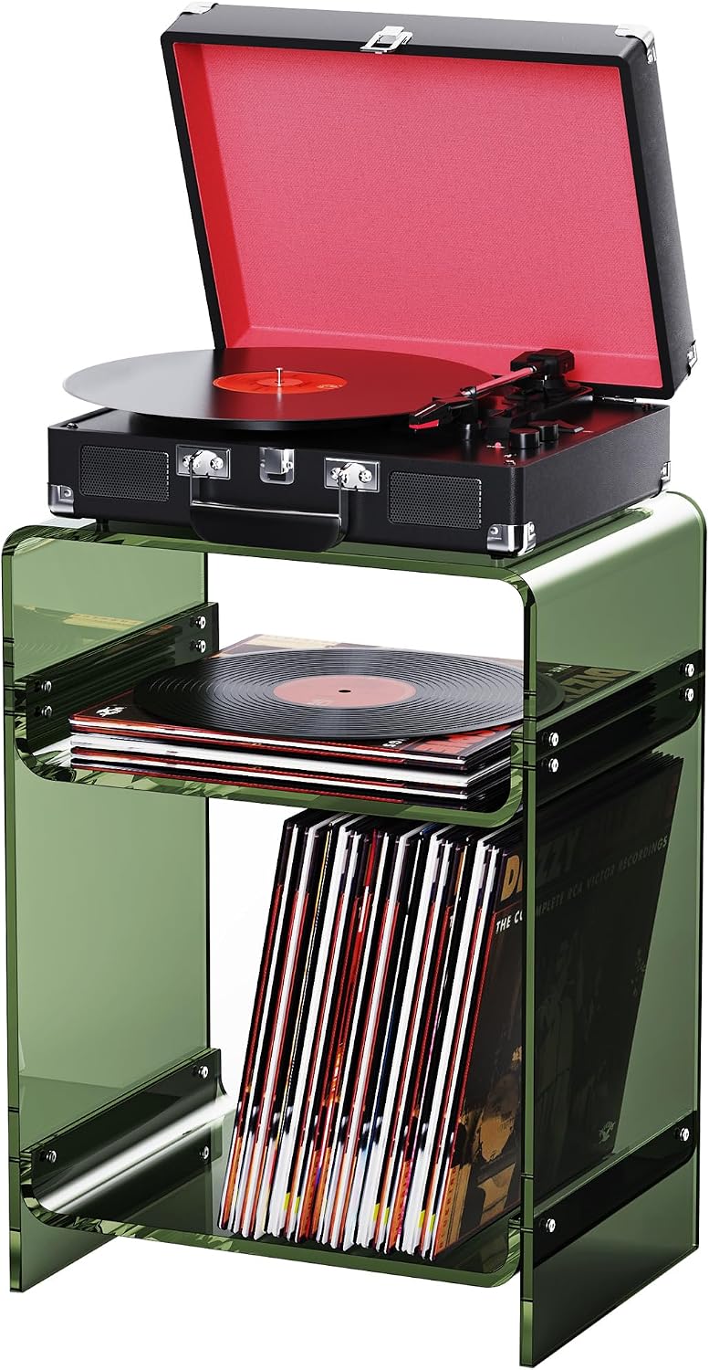 Acrylic Record Player Table with Storage Shelf, Clear Side Table Nightstand (Green, Medium)