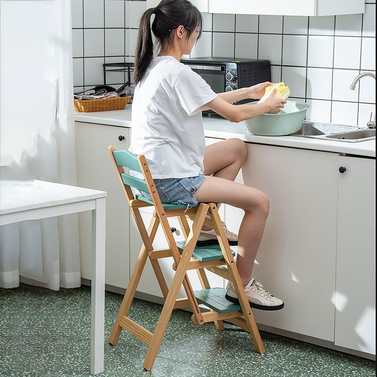 Retro Step Stool Chair For Kitchen 1950S,Folding Bar Stool Multifunctional 3 Step Ladder,Solid Wood Ladder Stool Counter Height Tall Stool,Portable Foldable Stool Step Stool For Adults Kitchen Outdoor
