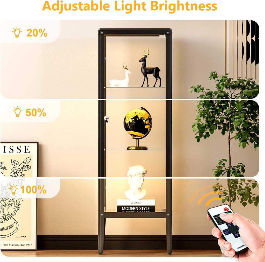 Ryoko Display Cabinet with Glass Door, Adjustable 3-Shelf Shelves, Curio Cabinet with LED Light, Glass Display Cabinet with Lock,Storage Cabinets, Dark Grey