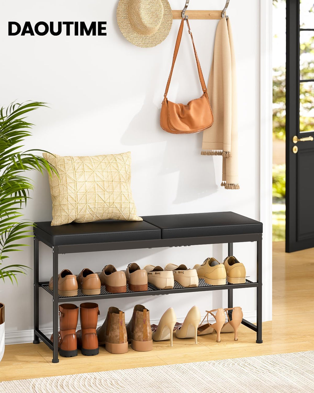 DAOUTIME Shoe Rack Bench, 2-Tier Shoe Storage Organizer with PU Seat Cushion, Entryway Bench with Height-Adjustable Metal Mesh Shelves, Modern Bench Seat for Bedroom Living Room Hallway Foyer, Black