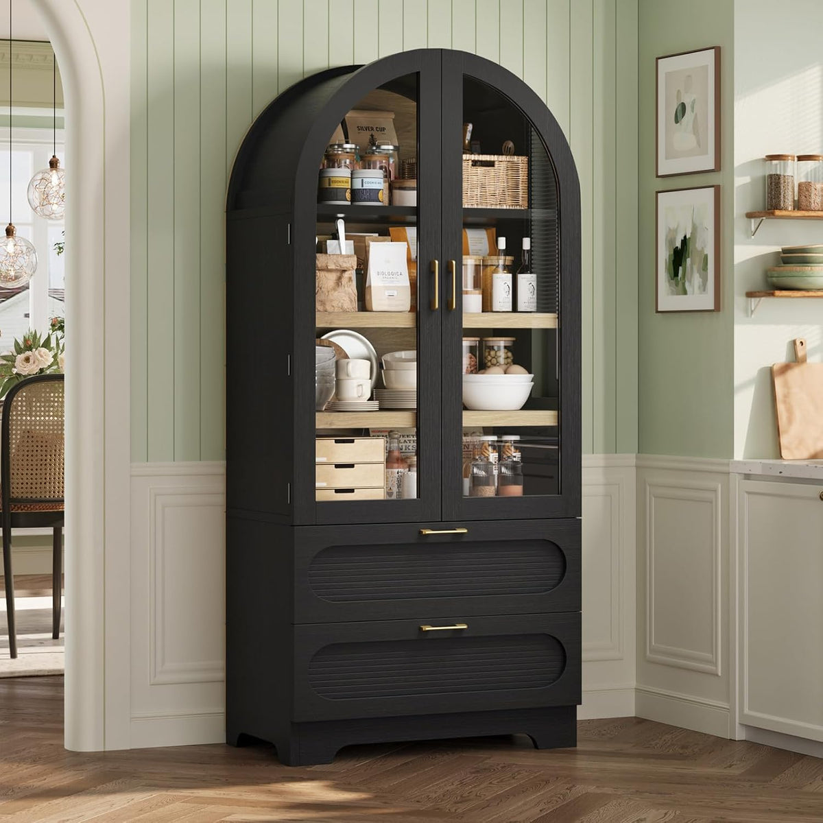 Bestier 71" Arched Kitchen Pantry Cabinet with LED Lights, 15.7" Deep Storage Cabinet with 3 Adjustable Shelves and 2 Drawers, Modern Farmhouse Cupboard for Living Room, Kitchen, Dining Room, Black