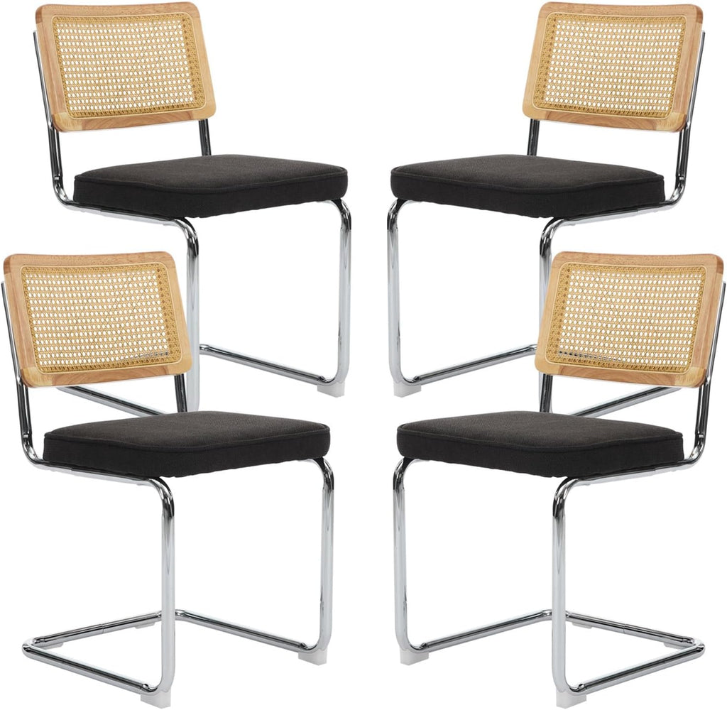 Rattan Dining Chairs Set of 4,Upholstered Mid-Century Modern Dining Room Chairs with Cane Backrest,Retro Linen Kitchen Chairs with Stainless Chrome Base,Black