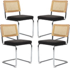 Rattan Dining Chairs Set of 4,Upholstered Mid-Century Modern Dining Room Chairs with Cane Backrest,Retro Linen Kitchen Chairs with Stainless Chrome Base,Black