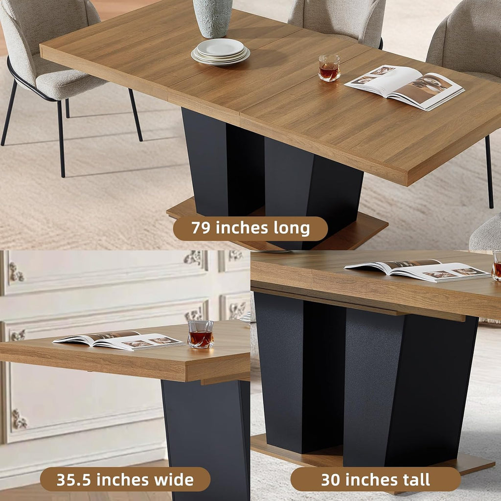 Dining Table Extendable 63 in-79 in for 4-8 Expandable Wood Rectangle with Fluted Base for Dining Room Kitchen Living Room Furniture Brown