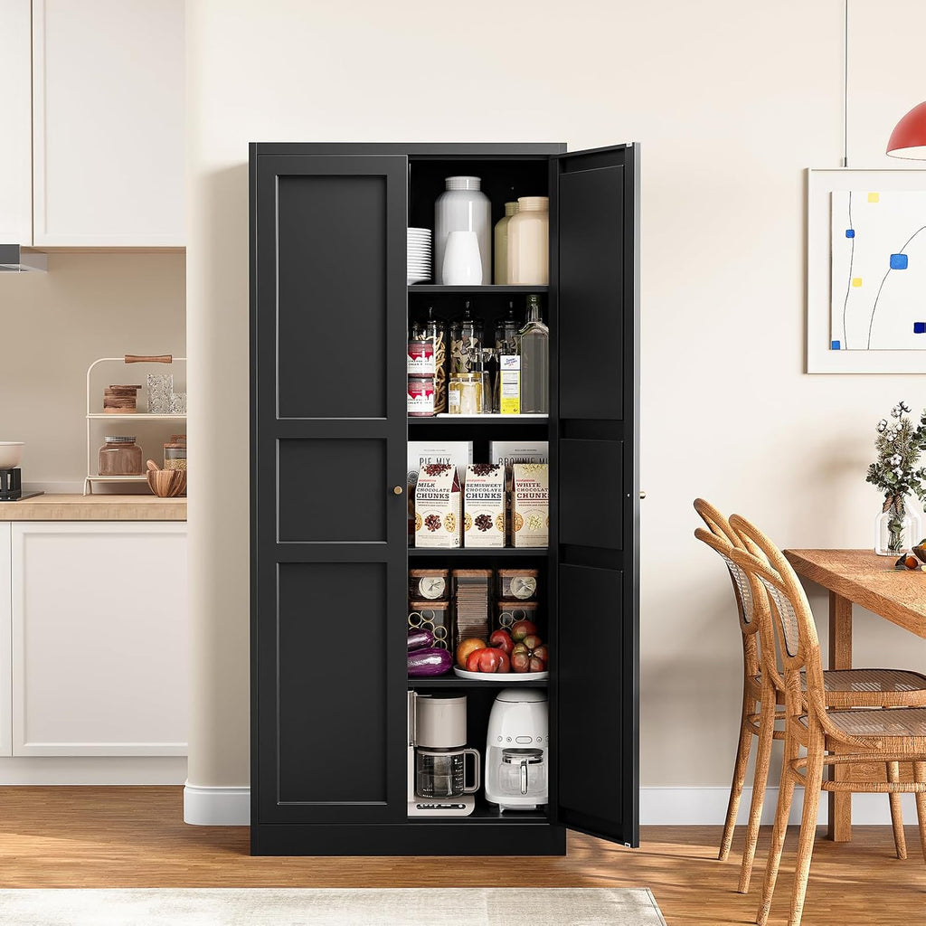 Yizosh Metal Storage Cabinet with 2 Doors and 4 Adjustable Shelves - 71" Black Kitchen Pantry Storage Cabinet, 4-Tier Tall Steel Cabinet Locker for Kitchen, Living Room, Dining Room
