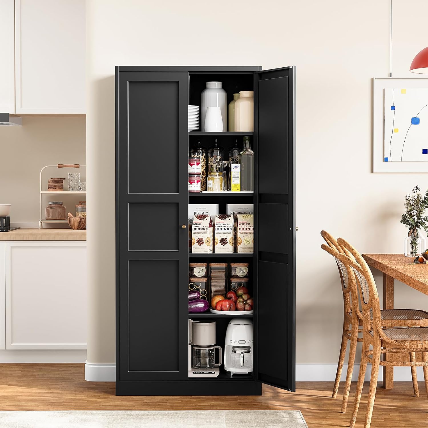 Yizosh Metal Storage Cabinet with 2 Doors and 4 Adjustable Shelves - 71" Black Kitchen Pantry Storage Cabinet, 4-Tier Tall Steel Cabinet Locker for Kitchen, Living Room, Dining Room