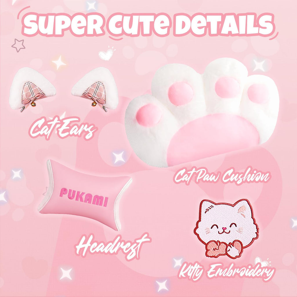 Pink Gaming Chair with Cat Ears & Footrest, Ergonomic Gaming Computer Desk Chair with Cat Paw Lumbar Support & Linked Armrests - Cute PU Leather Game Chair for Girls Adults