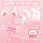 Pink Gaming Chair with Cat Ears & Footrest, Ergonomic Gaming Computer Desk Chair with Cat Paw Lumbar Support & Linked Armrests - Cute PU Leather Game Chair for Girls Adults