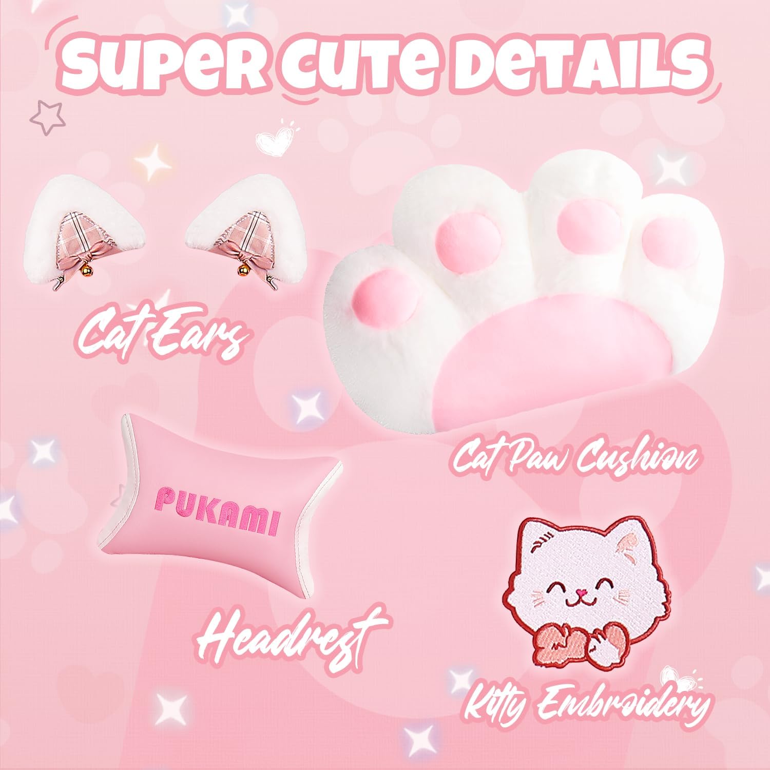 Pink Gaming Chair with Cat Ears & Footrest, Ergonomic Gaming Computer Desk Chair with Cat Paw Lumbar Support & Linked Armrests - Cute PU Leather Game Chair for Girls Adults