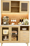 FUXA 71" Tall Kitchen Pantry Cabinet with Charging Station & LED Light, Modern Farmhouse Hutch with Microwave Stand and Cupboard, Storage Cabinet with Drawers for Living, Dining Room