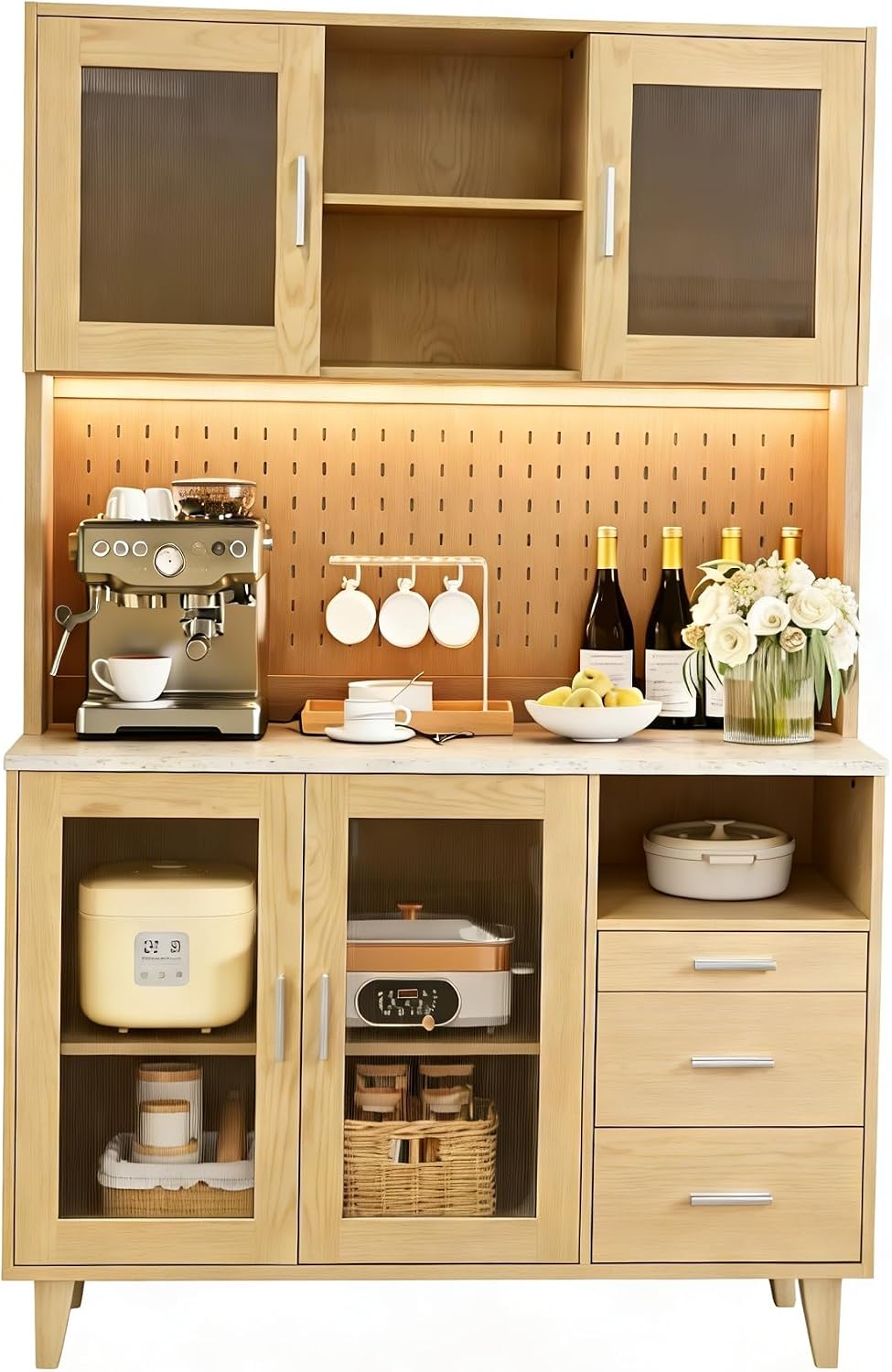 FUXA 71" Tall Kitchen Pantry Cabinet with Charging Station & LED Light, Modern Farmhouse Hutch with Microwave Stand and Cupboard, Storage Cabinet with Drawers for Living, Dining Room