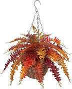 Hollyone Fall Hanging Baskets Small Artificial Fern Orange 21 Leaves Fall Hanging Decor Plant Boston Ferns Silk Plants with Brown Rattan Baskets Outdoors Indoor Fake Fern Autumn Decorations for Home