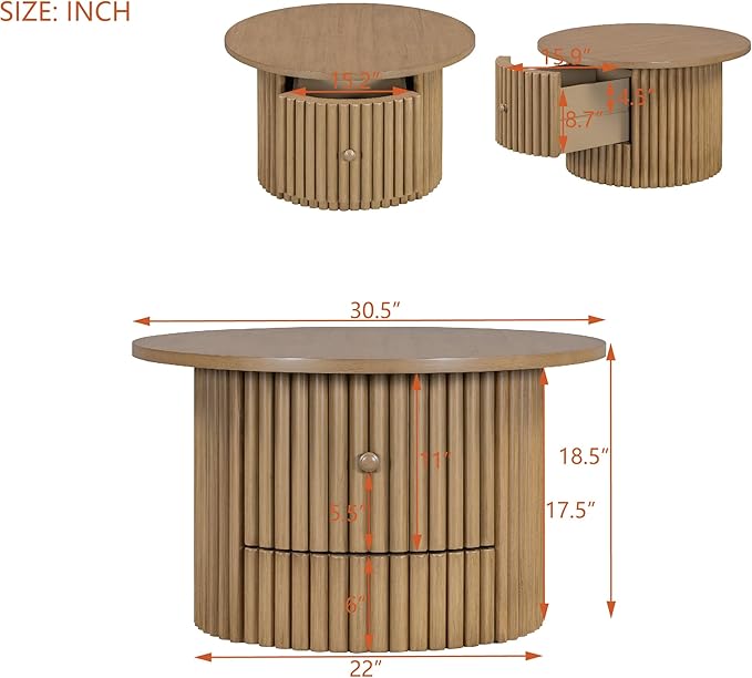 WILLIAMSPACE 30.5" Round Coffee Table with a Drawer, Modern Farmhouse Wood Circle Drum Center Table with Vertical Slat Base, Accent Side End Table for Living Room Apartment, Natural