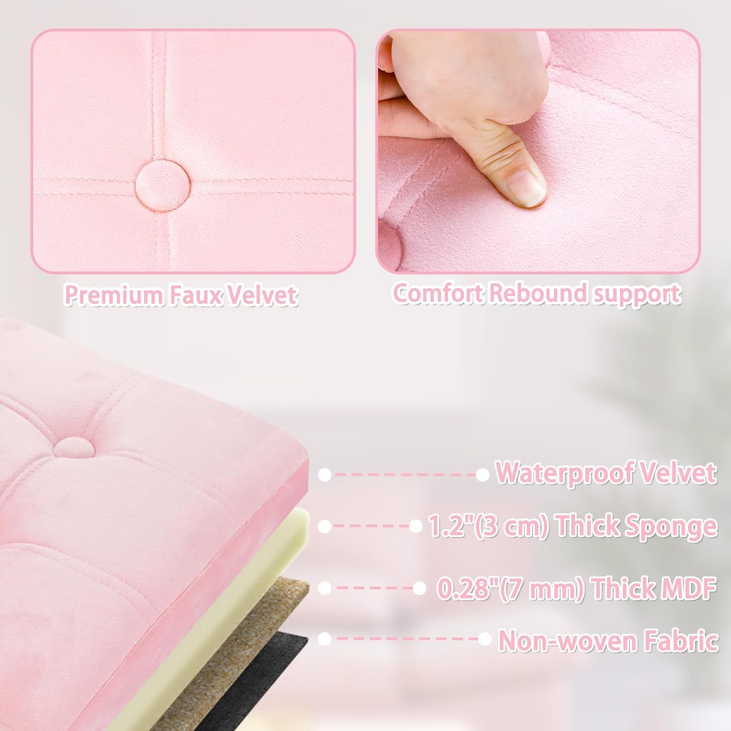 Storage Ottoman Bench, 34" Teddy Velvet Folding Foot Rest, Pink | Large Ottoman with Storage, Thicker Foam Padded Seat, 34 x 13 x 13in, Livingroom, Dorm, Bedroom, Easy to install, 86L