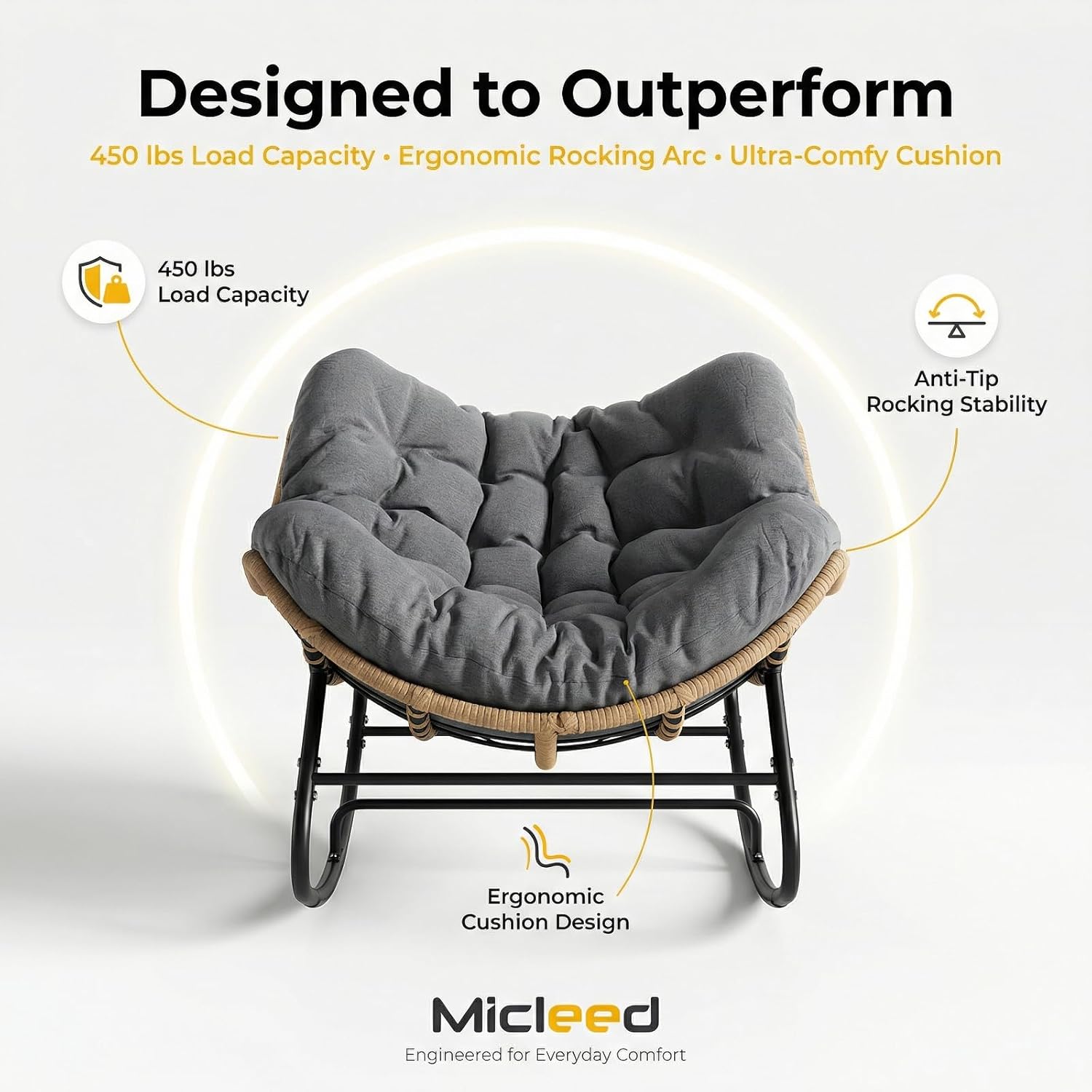 Oversized Papasan Rocking Chair Outdoor, Comfy Wicker Patio Papasan Egg Rocker with Thick Cushion for 450 lbs, Indoor Lounge Reading Chair for Living Room, Porch, Garden, Balcony-Dark Gray