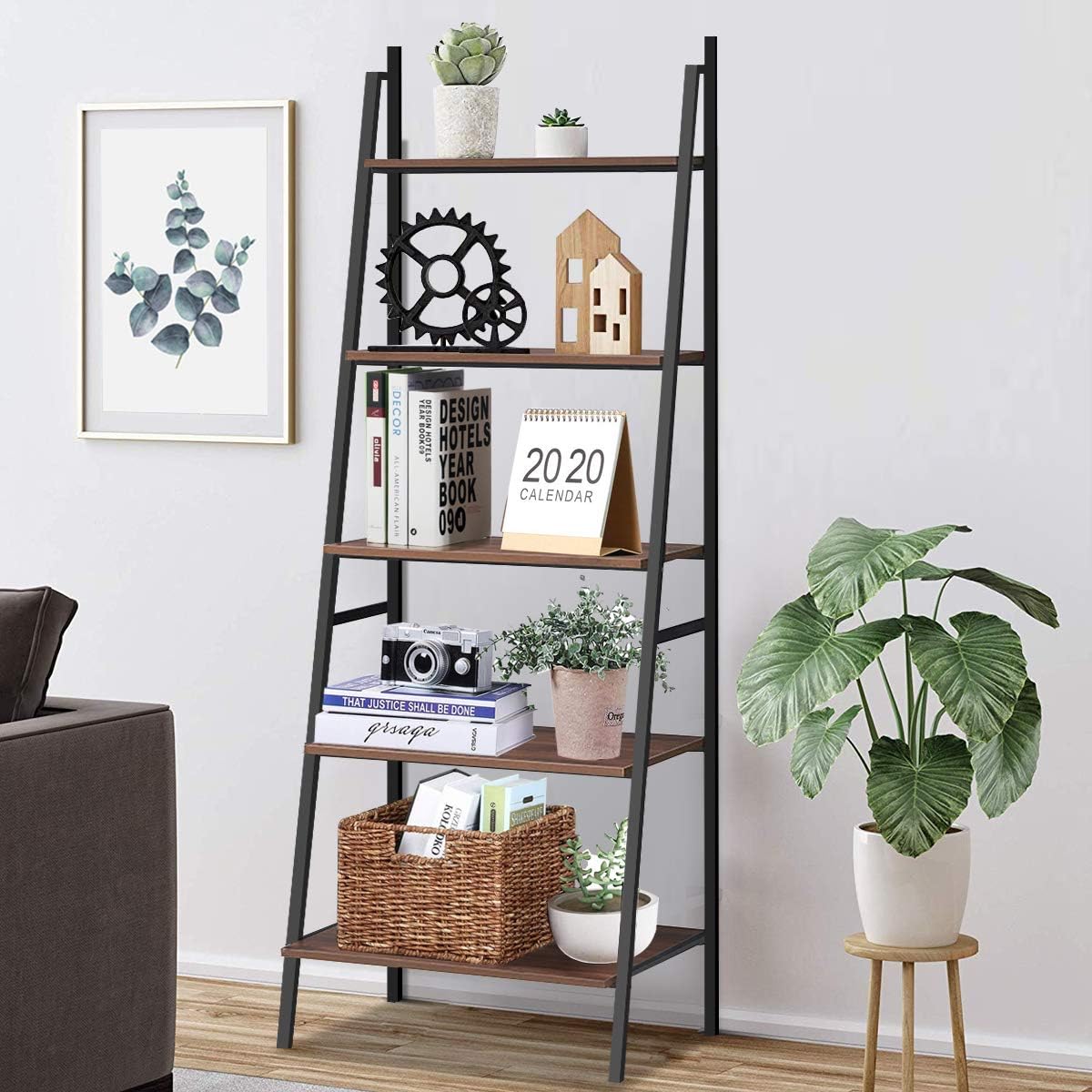 Tangkula Ladder Shelf (Set of 2), 5 Tier Industrial Bookcase, Multifunctional Display Bookshelf, Wooden Look Plant Flower Stand with Metal Frame, Decor Furniture for Home Office