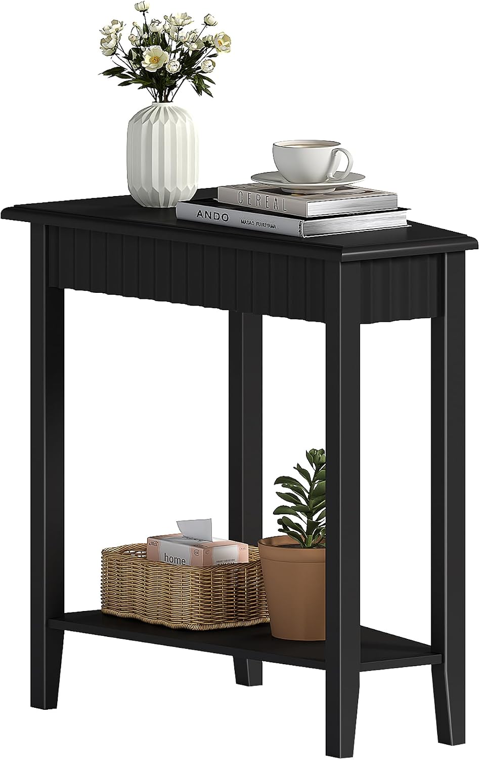 ChooChoo Wedge End Table, Narrow Triangle Side Table with 2-Tier Storage Shelf, Fluted Recliner Side Table for Corner, Living Room, Bedroom, Small Space, Black