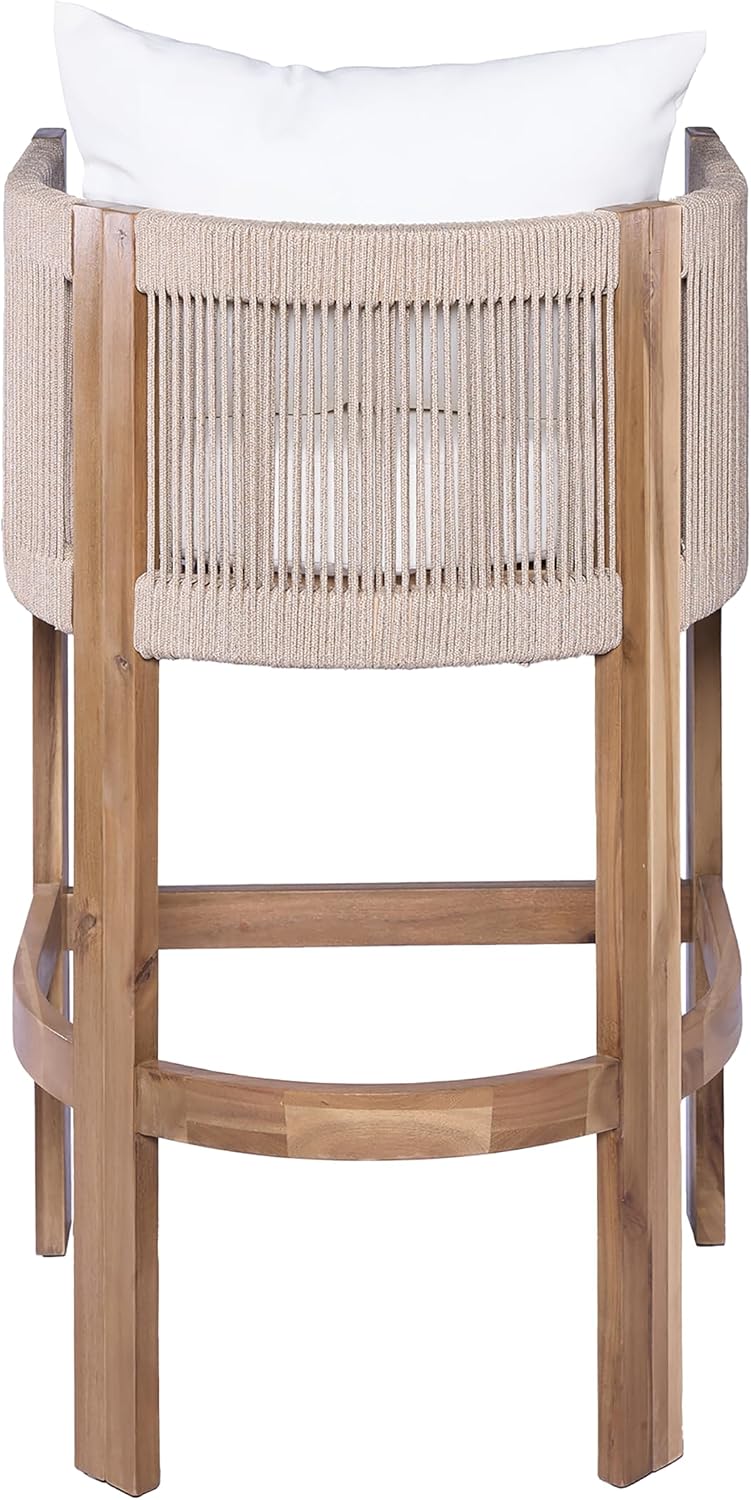 Merax Outdoor Bar Stools Set of 4, Rope Rattan Patio Barstools with Footrest and Cozy Cushions, Outdoor Acacia Wood Counter Height Bar Stools for Garden Backyard Pool Bar Chairs, Beige