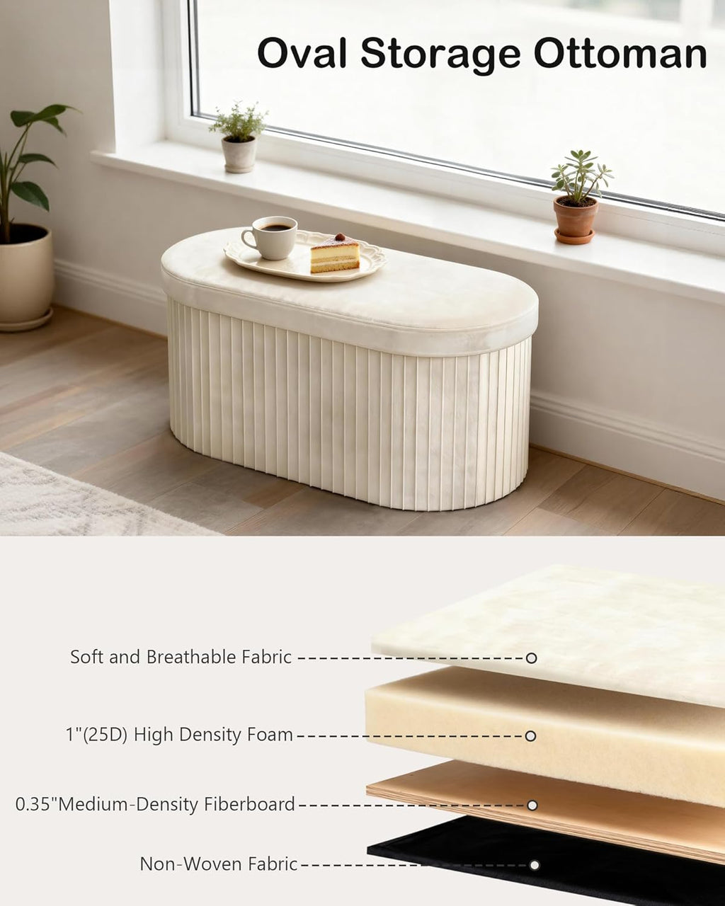 GLAXYFUR Oval Folding Storage Ottoman, Velvet Upholstered Foot Rest, 30 x 15 x 15 Inches Storage Bench for Bedroom, Living Room & Entryway, Beige