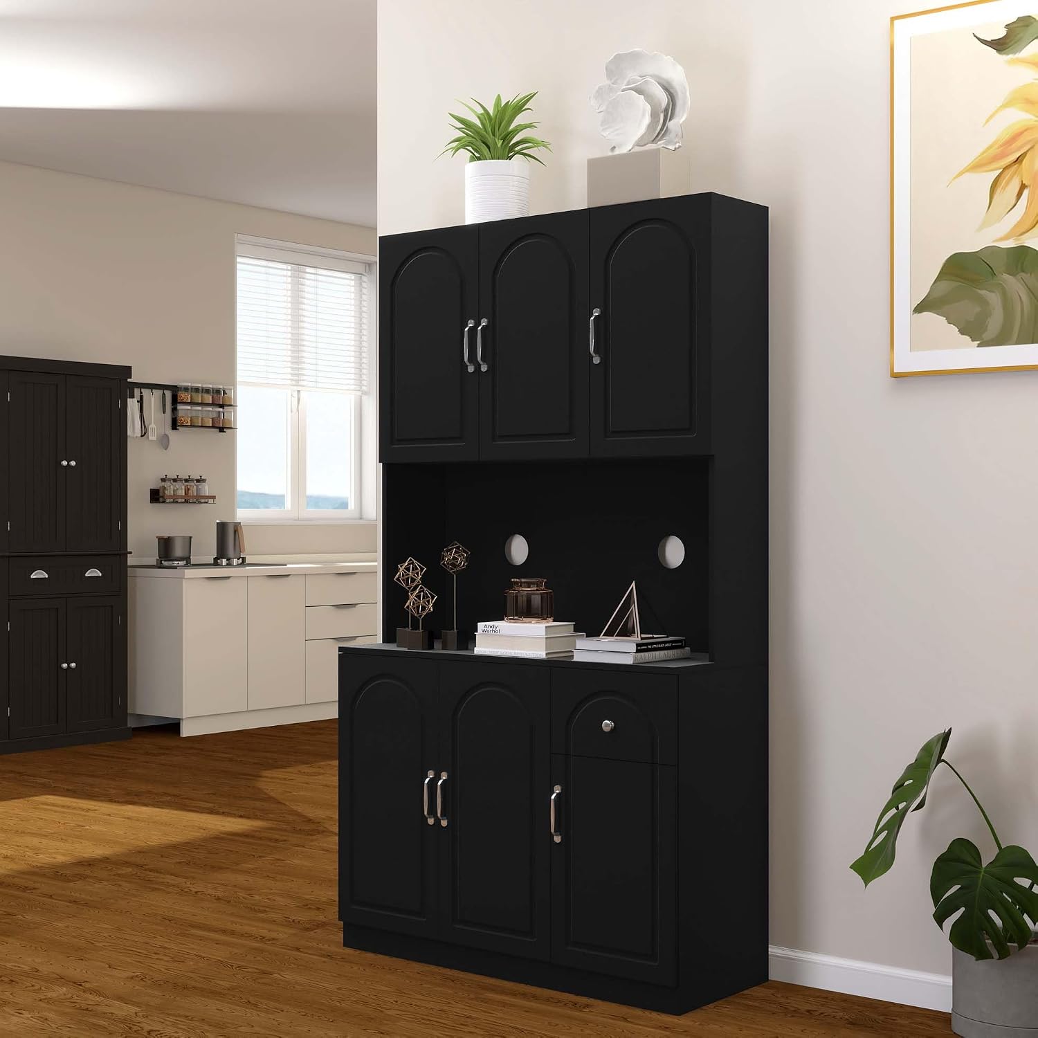 Kitchen Pantry Storage Hutch Cabinet, Tall Kitchen Cupboard & Stand Alone Pantry with Microwave Oven Countertop|Adjustable Shelves|Doors|Drawer (Black)